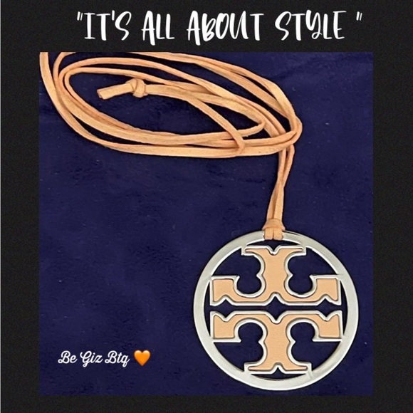 Authentic Tory Burch Silver & Coral Leather Logo With Coral Leather Necklace - Picture 4 of 11